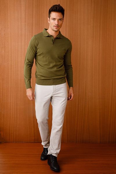 Desen Triko Ανδρικό Basic Polo γιακά Λεπτό Πλεκτό Πουλόβερ Χακί