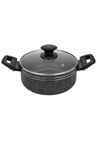 Auroware Non Stick 20cm Casserole with Glass Lid, Black, Pressed Aluminium, Dishwasher safe