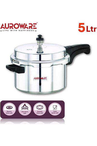 Auroware 5 Ltr Pressure Cooker Heavy Duty Aluminium with lid Strong Handle Dishwasher safe