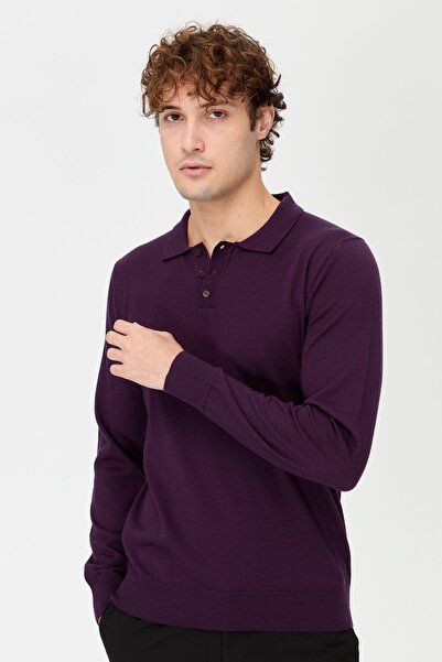 Desen Triko Erkek Basic Polo Yaka İnce Triko Kazak K.Mor