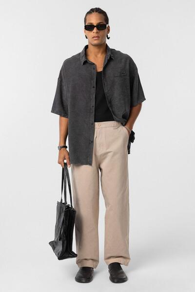 VAMOSCLO Yıkamalı Gabardin Baggy Pantolon Bej