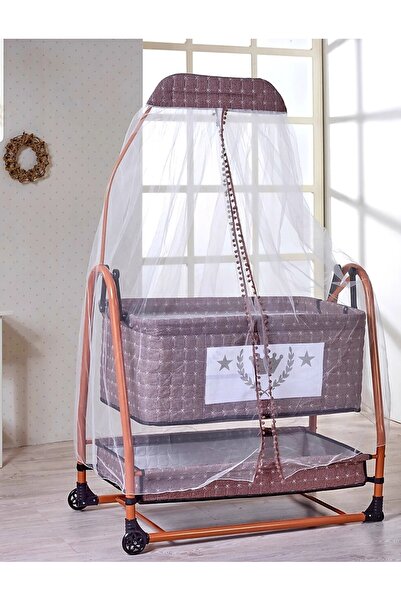 ALUÇ Öykü Bebek Dünyası Baby Büyük Boy Keten Kumaşlı Tekerlekli Sallanabilir King Fileli Beşik