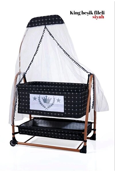 ALUÇ Öykü Bebek Dünyası Baby Büyük Boy Keten Kumaşlı Tekerlekli Sallanabilir King Fileli Beşik