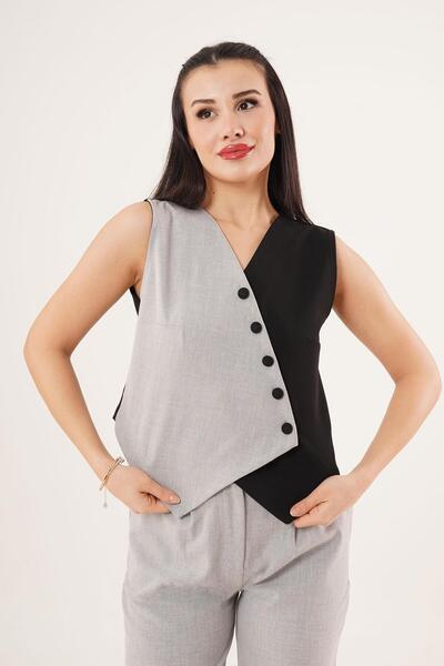 Hipo Trend Cross Patterned Buttoned Black Vest