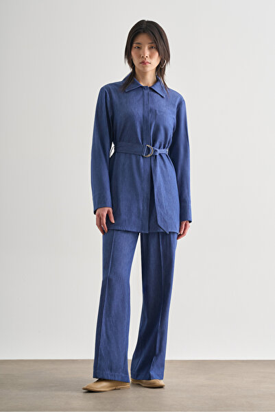 Mizalle İndigo Mavi Mizalle Denim Dokulu Beli Lastikli Geniş Paça Pantolon