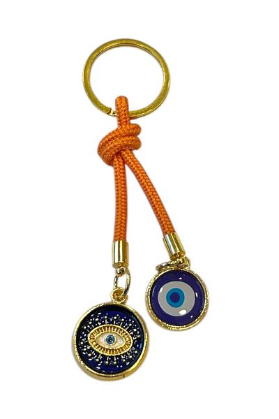 HEDİYE FİKRİ Double Evil Eye Beaded Keychain - Orange (10,5 cm) Gift