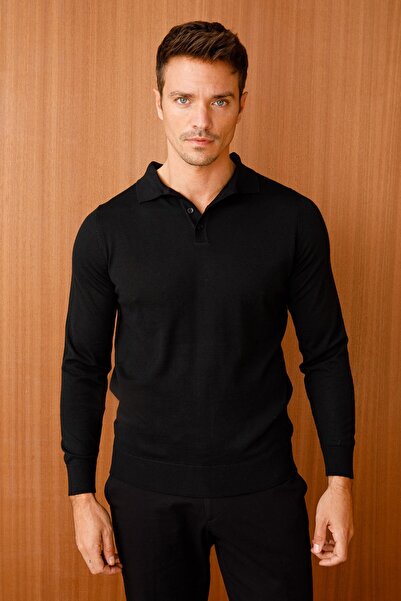 Desen Triko Ανδρικό πουλόβερ με λεπτό πλεκτό γιακά πόλο μαύρο