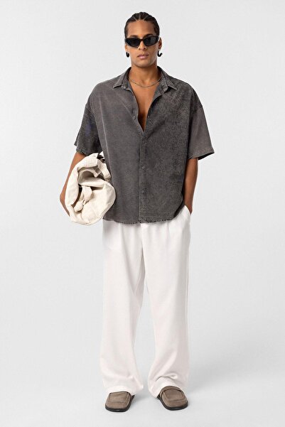 VAMOSCLO Yıkamalı Oversize Kısa Kol Tensel Gömlek Siyah