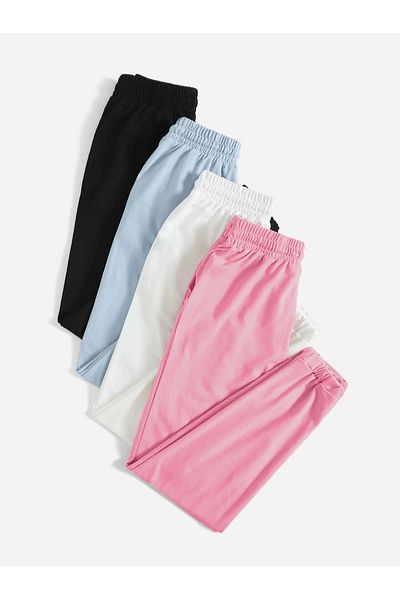 Sweetline 4 τεμαχίων Basic μονόχρωμο παντελόνι Jogger - Μαύρο Baby Blue Λευκό Ροζ Λαστιχένιο πόδι ψηλή μέση