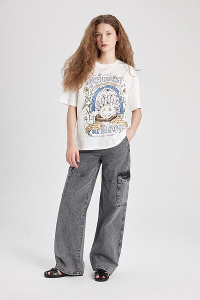 DeFacto Tricou cu mânecă scurtă imprimat cu decolteu răsucit, cu strânsă formă, C5956ax24sm