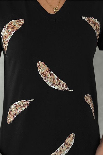 FEMELLE Tricou de damă, negru, cu decolteu în V, cu model de pene, brodat cu paiete, 100% bumbac