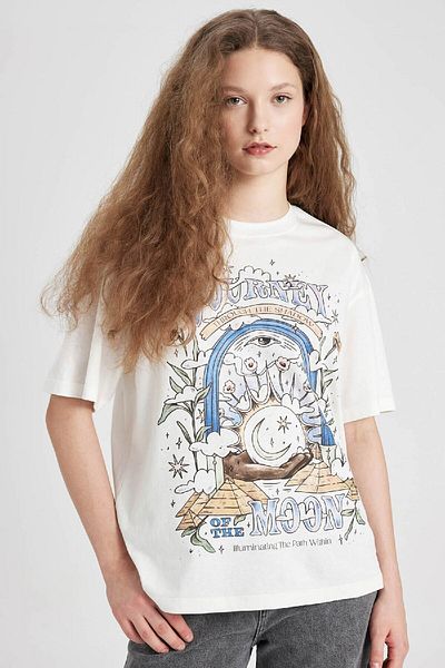 DeFacto Tricou cu mânecă scurtă imprimat cu decolteu răsucit, cu strânsă formă, C5956ax24sm