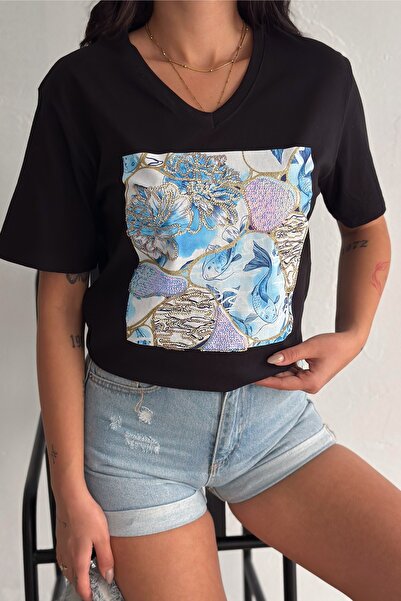 FEMELLE Women's Black V-Neck Plus Size Sequin Sequin Embroidered 100% Cotton T-Shirt