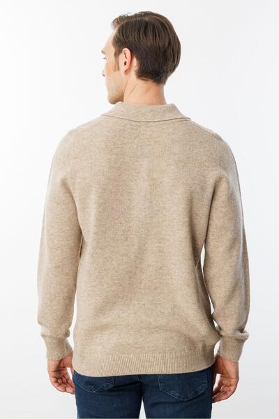 Desen Triko Men's Polo Neck Basic Wool Sweater Dark Beige