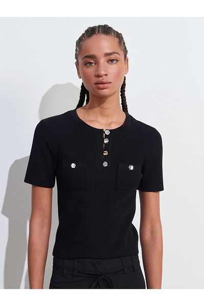 Dilvin 10733 Crew Neck Pocket Button Knitwear Blouse-Black