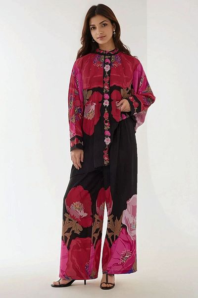 Hiccup Printed High Waist Kimono and Trousers Double Modest Suit