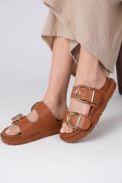 Mio Gusto Дамски чехли с двойна катарама Estella в кафяв цвят