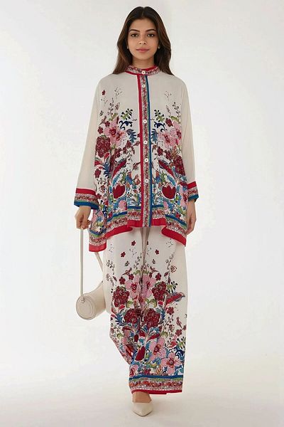 Hiccup Kimono și pantaloni imprimați cu talie înaltă Set dublu modest
