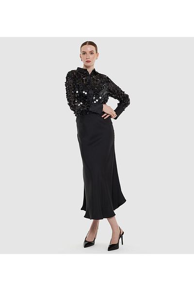 BCBG SOLID MIDI SATIN SKIRT