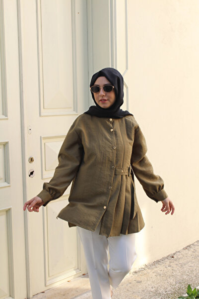 Genel Markalar Kemer Detaylı Pileli Haki Kadın Gömlek