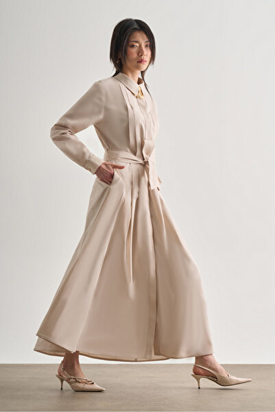 Mizalle Premium Saf Pamuk Taş Rengi Piliseli Uzun Elbise