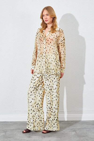 TENA Women's Dalmatian Pattern Stone Chiffon Blouse Satin Pants Suit