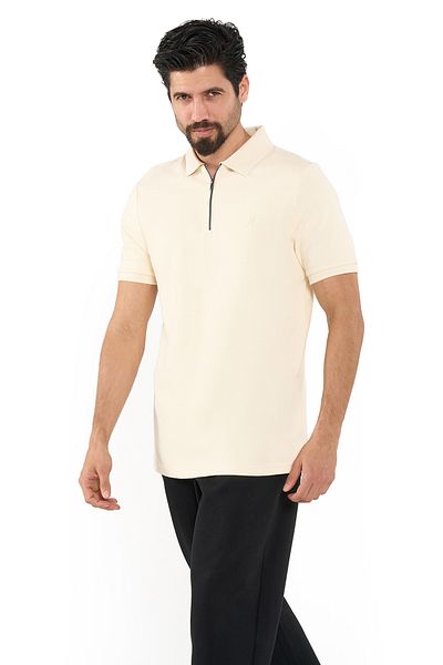 Nautica Men's Beige Short Sleeve Zip Polo Shirt, Stylish Lightweight Knit for Sophisticated Summer Style
