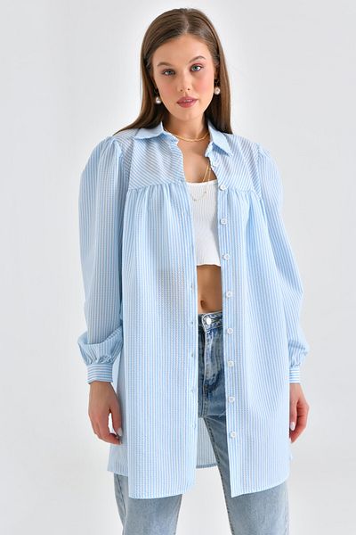 Saade Light Blue Striped Wrapped Fabric with Curved Robe and Gather Detail
