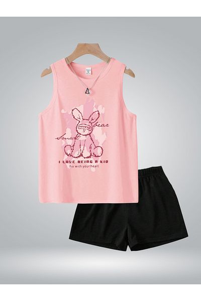 GLOWES Girl's Front Printed Pink Black Shorts Set