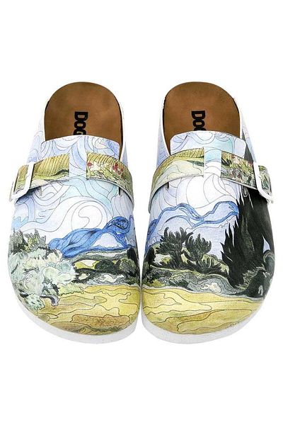 Dogo Women's Vegan Leather Slippers - Vincent Van Gogh's Wheat Field with Cypresses Design