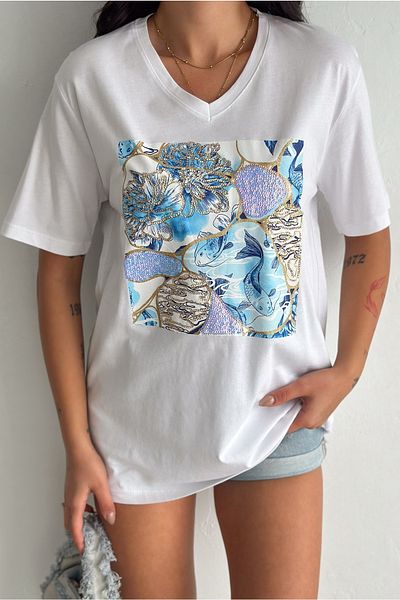 FEMELLE Women's White V-Neck Plus Size Sequin Sequin Embroidered 100% Cotton T-Shirt