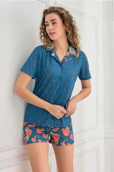 cotonhause Set de pijamale indigo pentru femei, cu mâneci scurte, cu nasturi în față, cu model de rodie, cu pantaloni scurți 70115-855