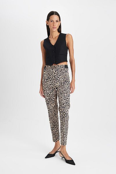DeFacto Leopard Print Satin Cigarette Pants - Regular Waist, Elastic Straight Leg J8741Az24Wn