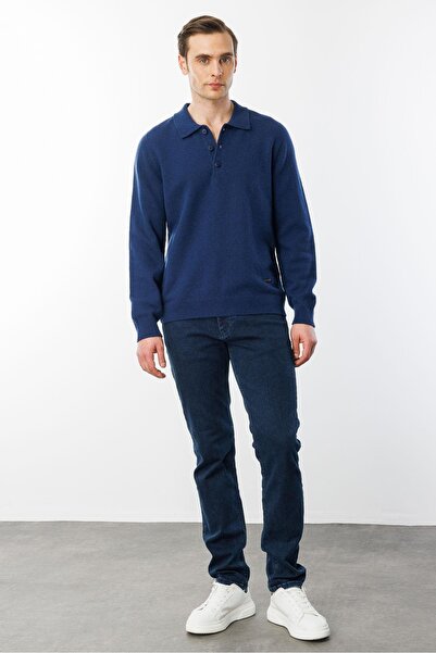 Desen Triko Men's Polo Neck Basic Wool Indigo Color Sweater