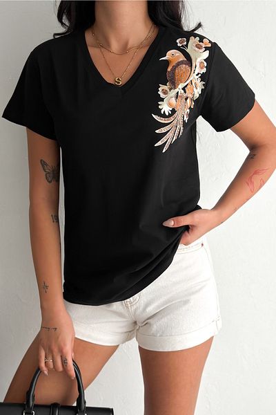 FEMELLE Tricou negru pentru femei, cu decolteu în V, cu paiete, brodat, 100% bumbac