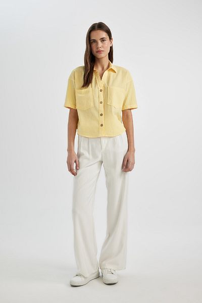 DeFacto Linen Blended Oversize Shirt Collar Blouse - Short Sleeve C6193axyl118