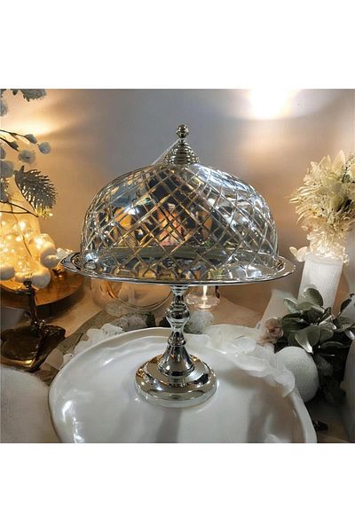 LAMEDORE Dc Oval Footed Cake Stand with Glass Cover Nickel 30,5X24,5X38 cm