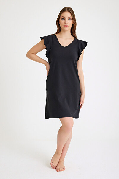 Dennis Denise Black Cotton Lycra Flounce Nightgown