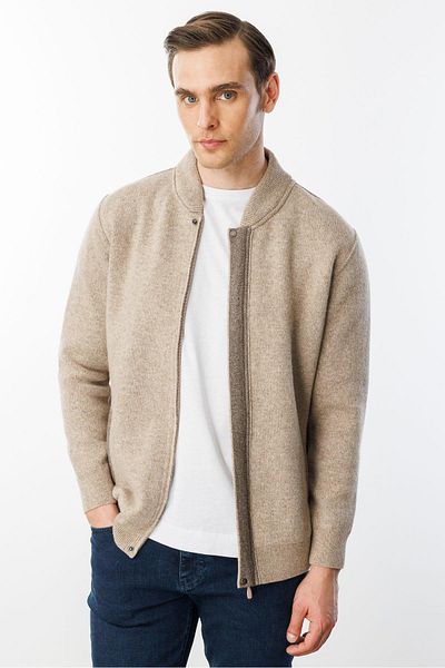 Desen Triko Men's Pique Woven Zippered Pocket Knitwear Coat Dark Beige