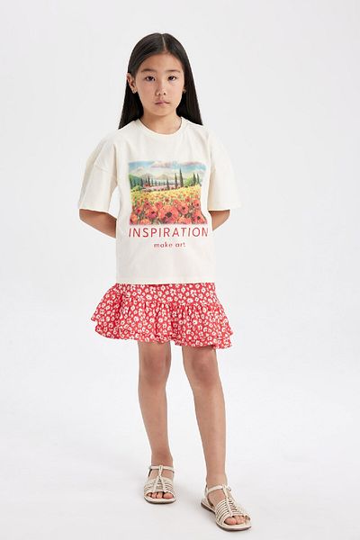 DeFacto 2-teiliges Set für Mädchen mit Rundhalsausschnitt, bedrucktem Kurzarm-T-Shirt und Blumenrock C5356a824hs