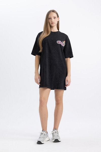 DeFacto Cool Powerpuff Girls Oversize Wide Fit Crew Neck Χτενισμένο Βαμβακερό Μίνι Μπλουζάκι Φόρεμα C3504ax24sm