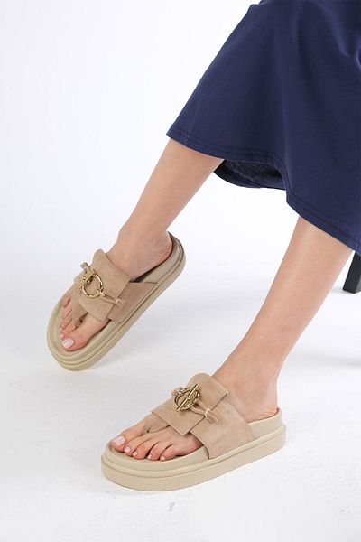 Mio Gusto Alison Genuine Suede Beige Color Platform Sole Flip Flops Women's Slippers