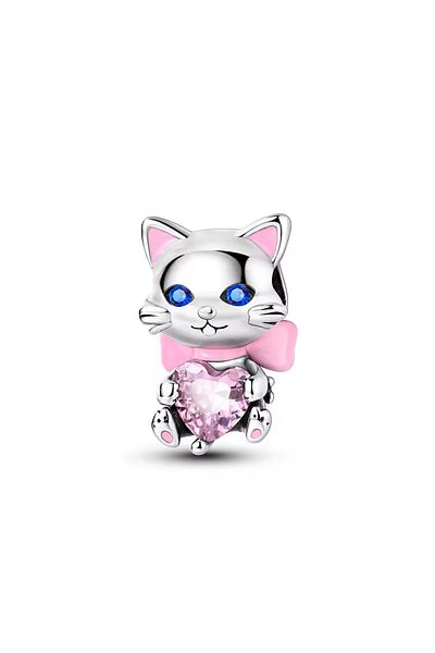 Fubena Blue Eyed Pink Stone Cat Silver Charm