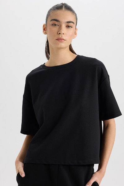 DeFacto Relax Fit Crew Neck Basic Solid Short Sleeve Black T-Shirt C7630Ax24Au