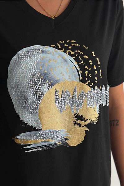 FEMELLE Women's Black V-Neck Plus Size Sequin Sequin Embroidered 100% Cotton T-Shirt