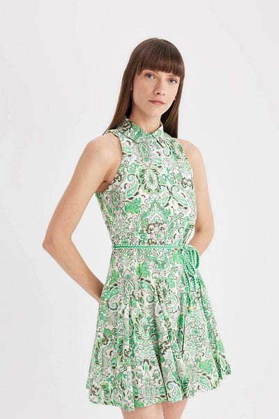 DeFacto A-Linie Hemdkragen verziertes ärmelloses Voile-Minikleid C7085ax24sm