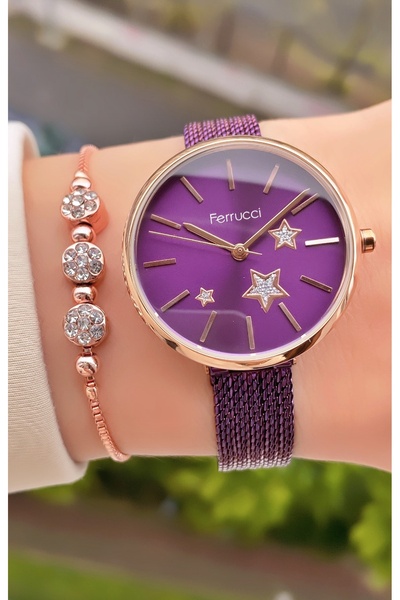 Ferrucci Marka Mor Renk Çelik Hasır Kordon 2 Yıl Garantili Kadın Kol Saati - ...