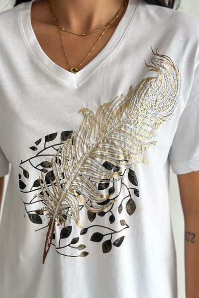 FEMELLE Women's White V-Neck Plus Size Feather Pattern Sequin Sequin Embroidered 100% Cotton T-Shirt