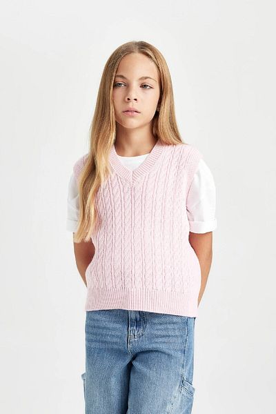DeFacto Girl's Standard Fit V-Neck Knitted Patterned Knitwear Sweater C6932A824Au