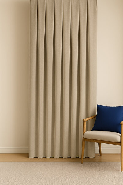 Cortibo Barcelona Beige Velvet Textured Background Curtain - Without Pleats